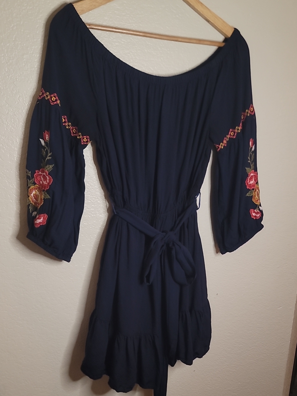 Feathers Navy Off The Shoulder Embroidered Sleeve Tie-Waist Dress